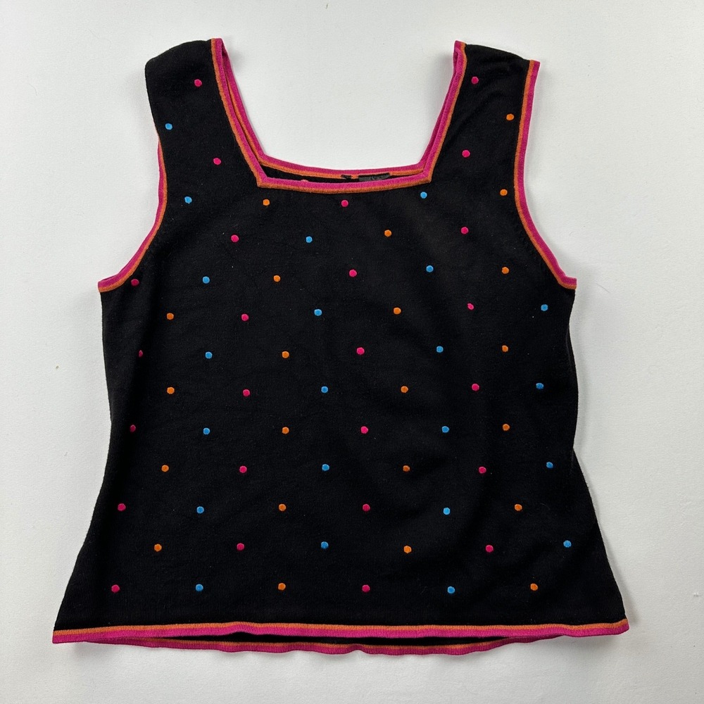 Vintage Etoile Polka Dot‎ Sweater Tank Top Black Pink Knit Square Neck Med-Large